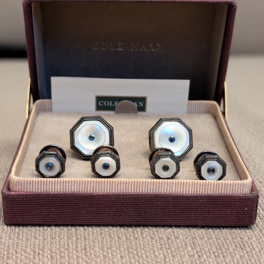 Cole Haan Retro Silver & White Cufflinks Set